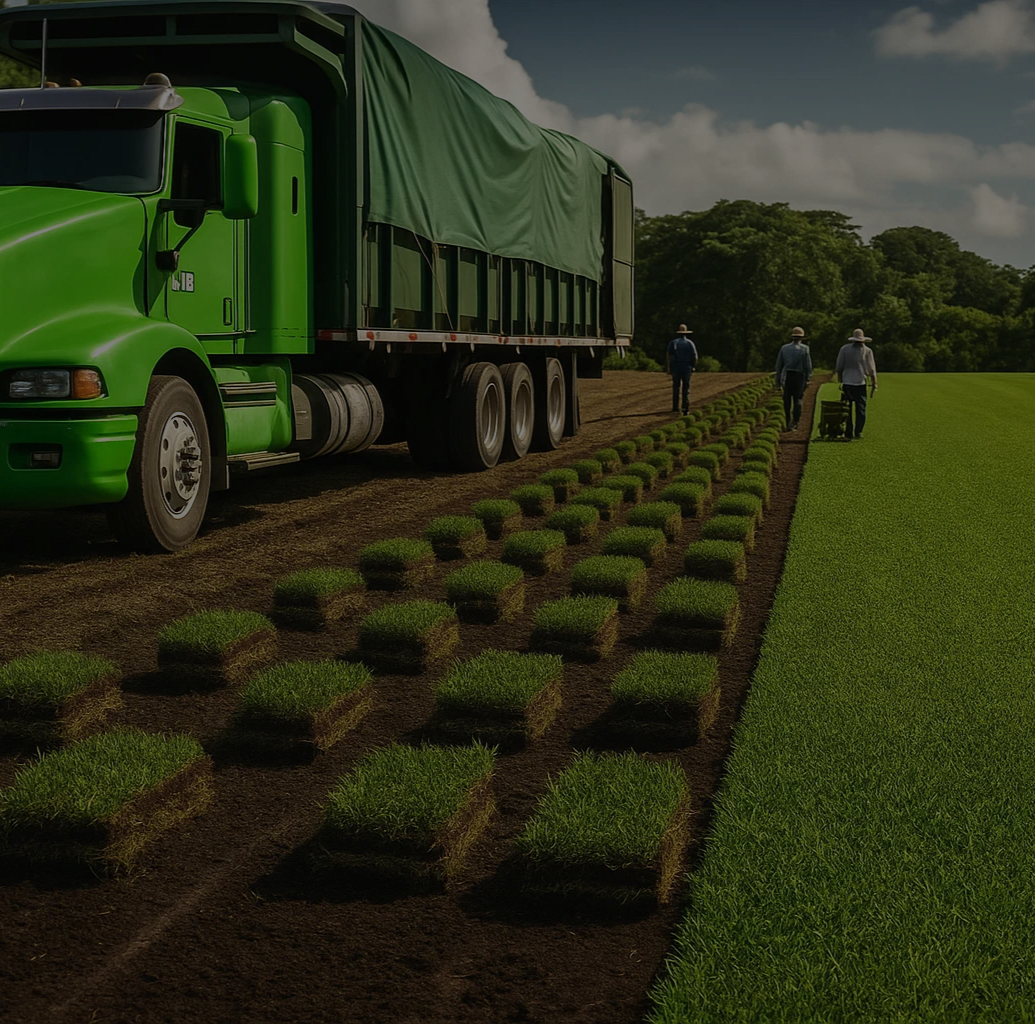 Entrega de pasto San Agustín en rollo en proyecto de paisajismo México